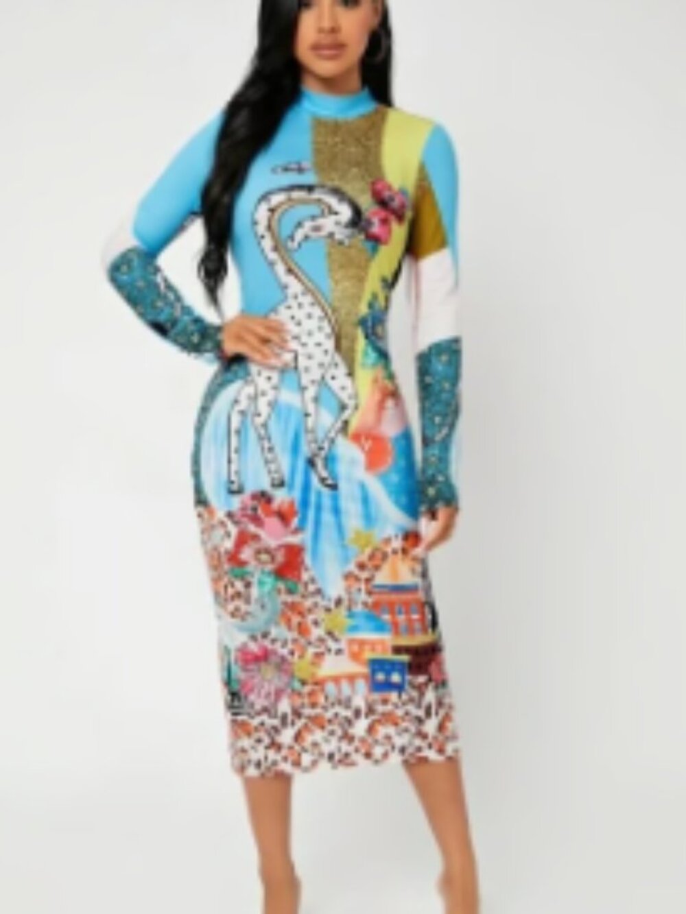 Long Sleeve Giraffe and Floral Print Split Back Dress